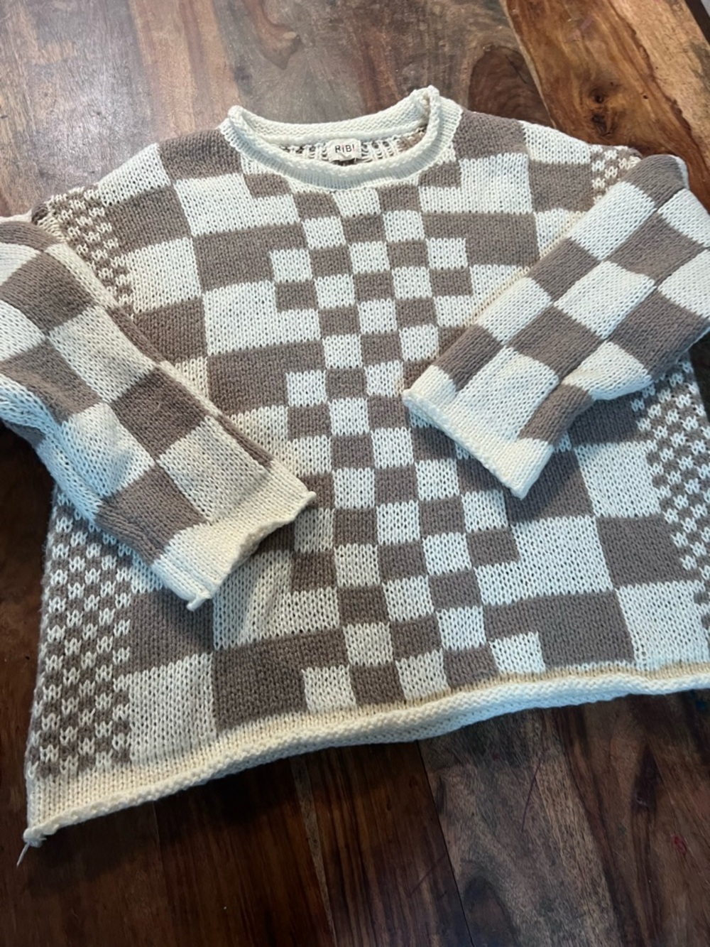 BiBi Checkerboard Knit Sweater in Light Blue and Taupe